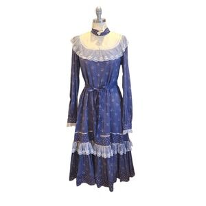 Gunne Sax Dress Purple Prairie Cottage Core Floral Lace Size 11 Vintage 70s Blue